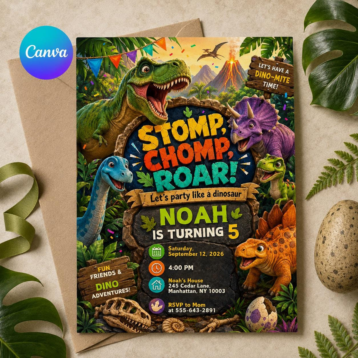 Dinosaur 5th Birthday Invitation — editable Canva template