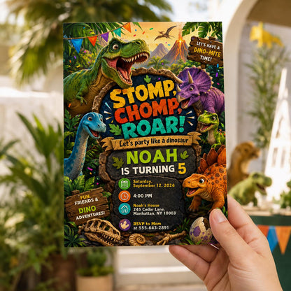 Dinosaur 5th Birthday Invitation — print-ready 5th birthday party design from VoltBy