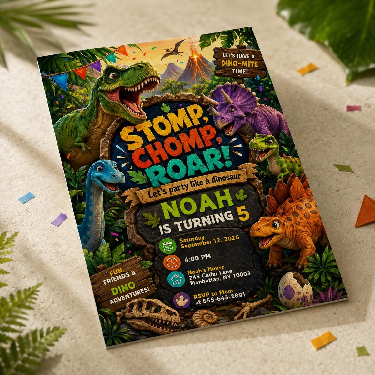 Dinosaur 5th Birthday Invitation — 5th birthday party stationery by VoltBy