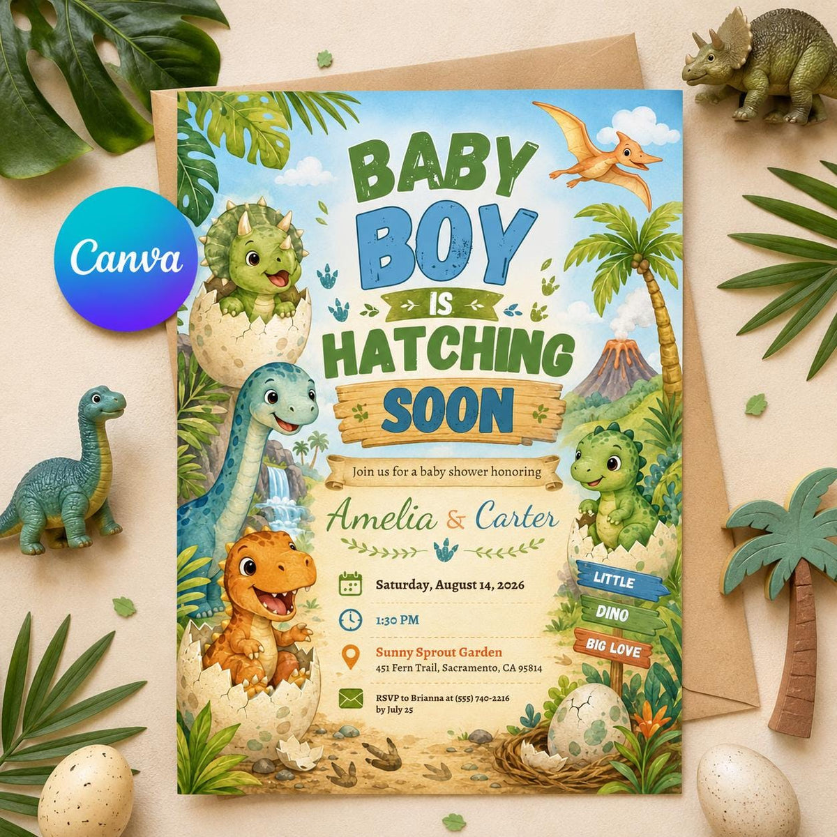 Dinosaur Baby Shower Invitation for Boys — editable Canva template