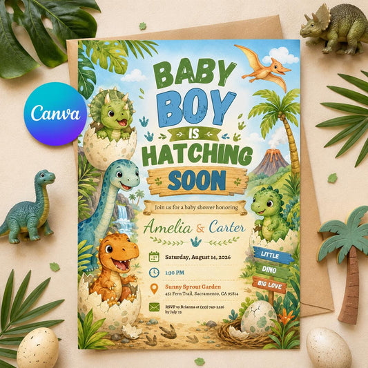 Dinosaur Baby Shower Invitation for Boys — editable Canva template