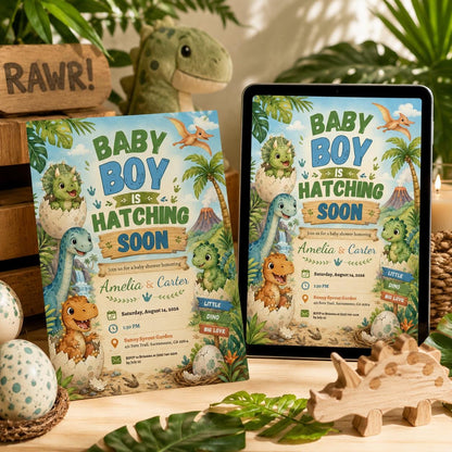 Dinosaur Baby Shower Invitation for Boys — invitation you personalize in Canva