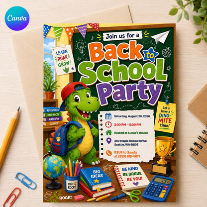 Dinosaur Back to School Party Invitation — editable Canva template