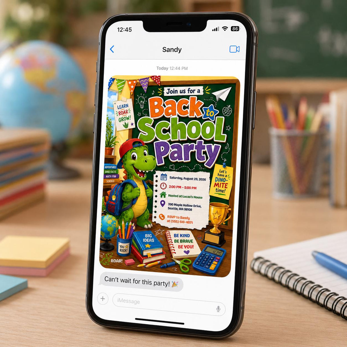 Dinosaur Back to School Party Invitation — invitation you personalize in Canva