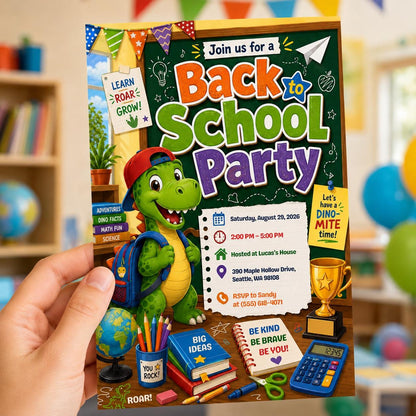 Dinosaur Back to School Party Invitation — print-ready back-to-school event design from VoltBy