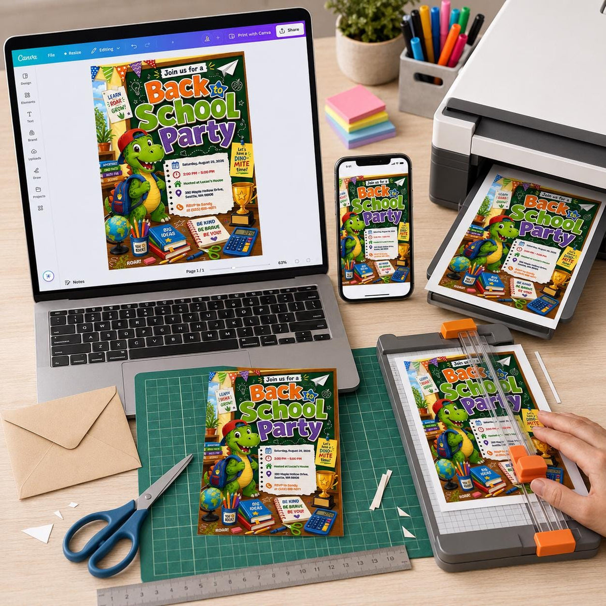 Dinosaur Back to School Party Invitation — digital invitation, instant download