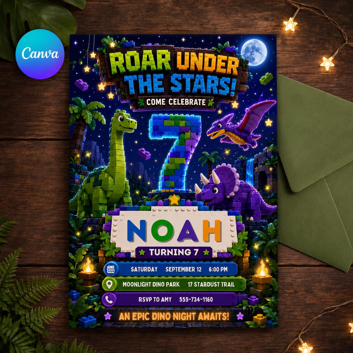 Dinosaur Birthday Invitation: Dino Night Party — editable Canva template