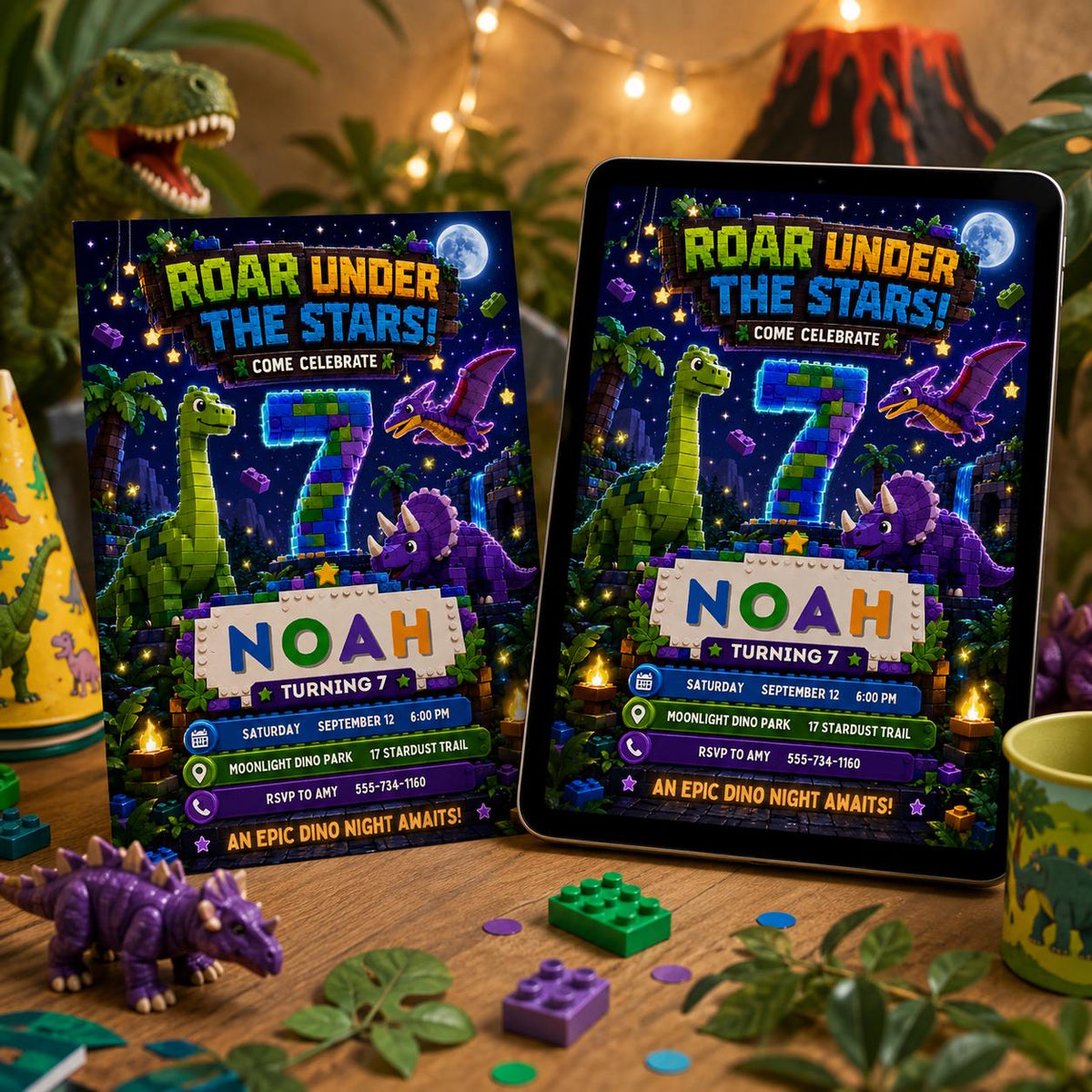 Dinosaur Birthday Invitation: Dino Night Party — celestial design