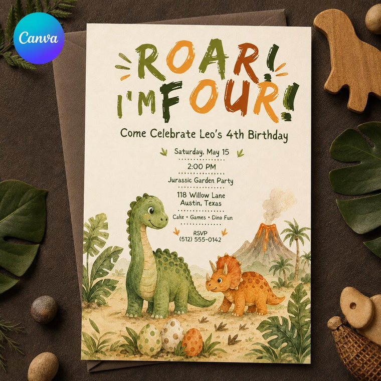 Dinosaur Birthday Invitation: Roar I'm Four