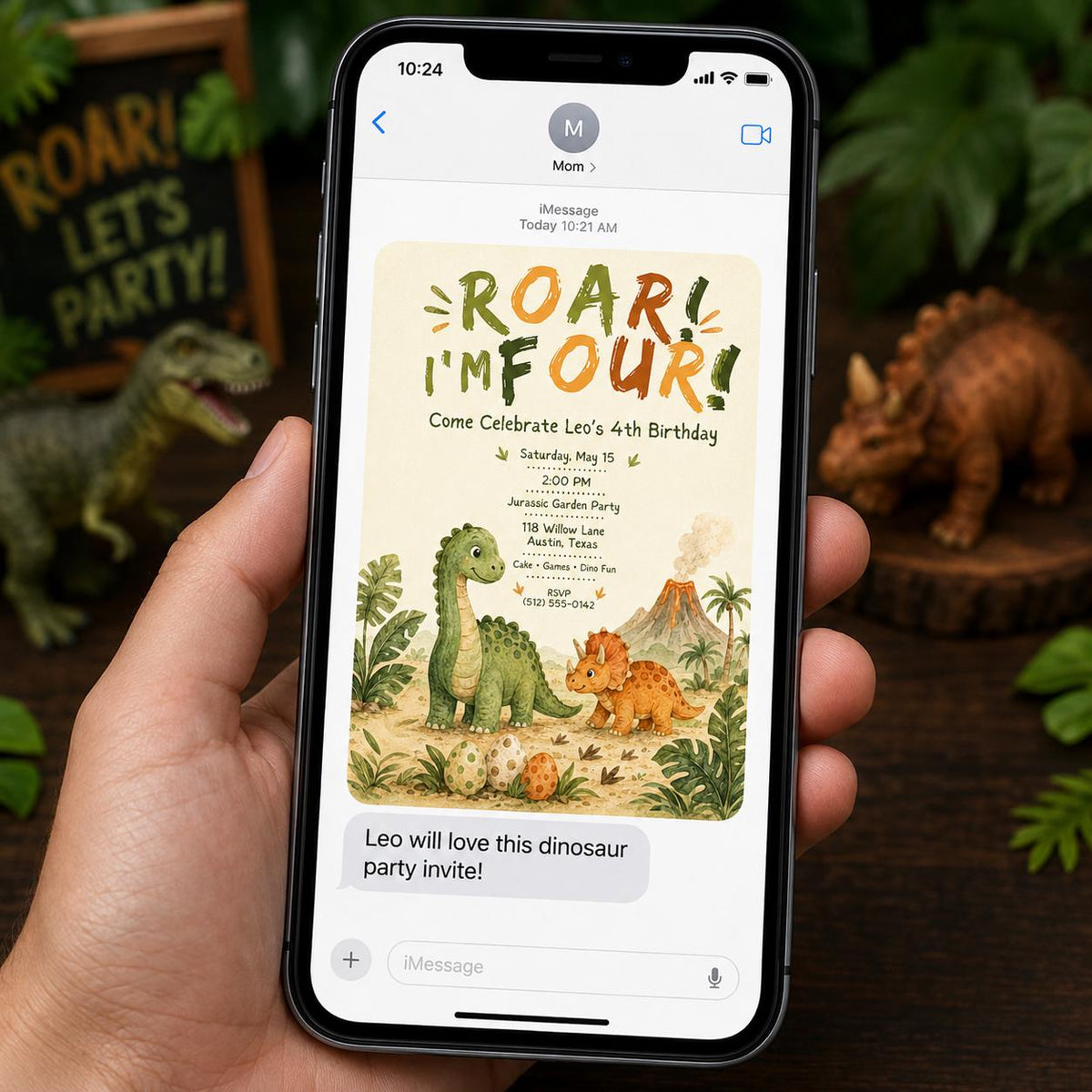 Dinosaur Birthday Invitation: Roar I'm Four — invitation you personalize in Canva