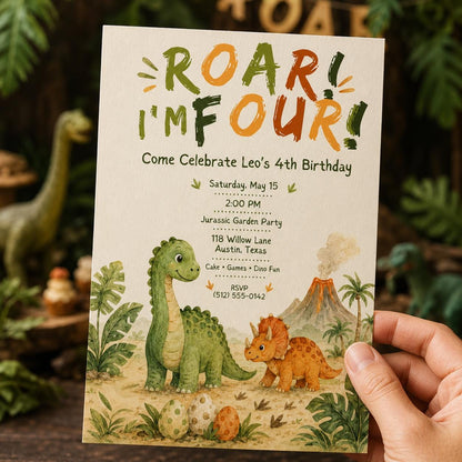 Dinosaur Birthday Invitation: Roar I'm Four — print-ready birthday party design from VoltBy