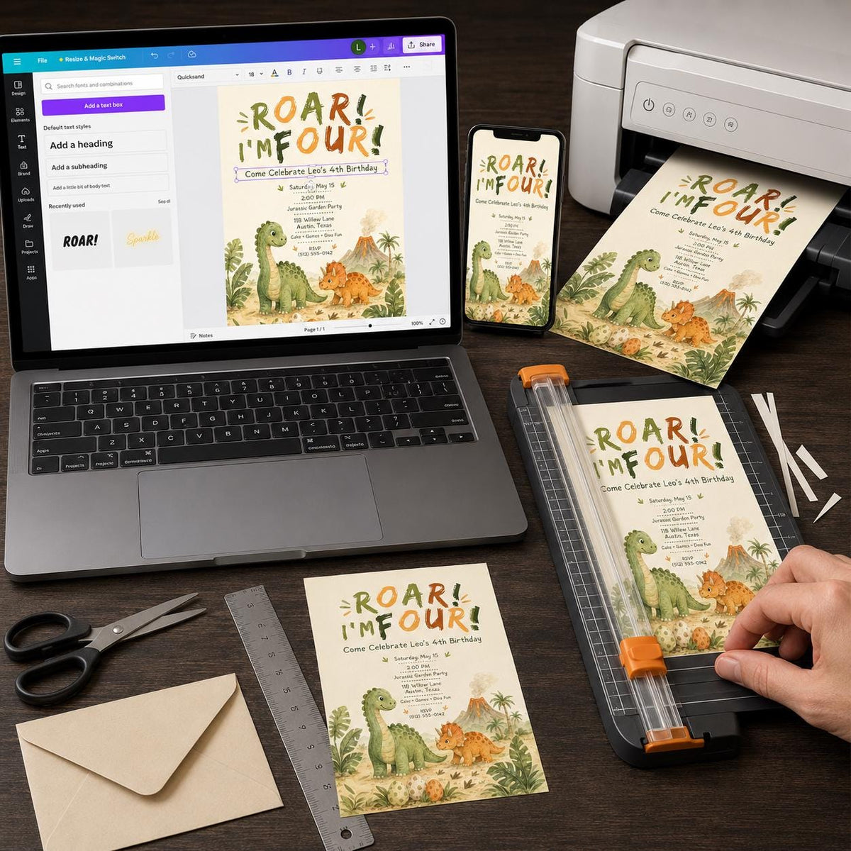Dinosaur Birthday Invitation: Roar I'm Four — digital invitation, instant download
