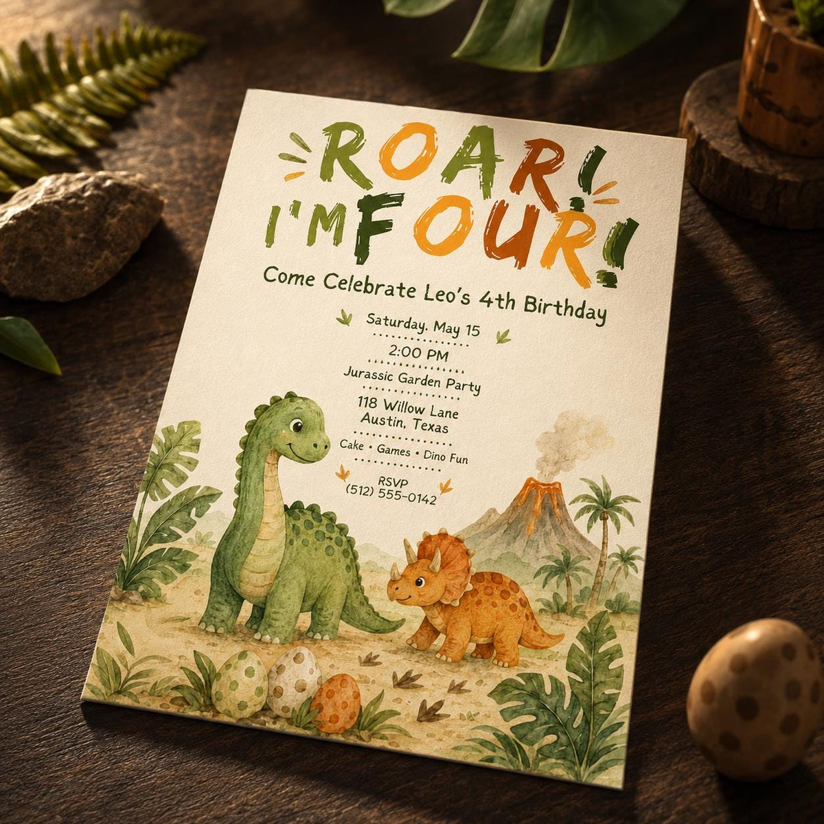 Dinosaur Birthday Invitation: Roar I'm Four — birthday party stationery by VoltBy