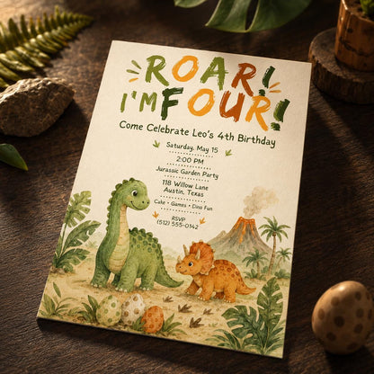 Dinosaur Birthday Invitation: Roar I'm Four — birthday party stationery by VoltBy