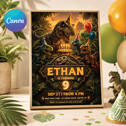 Dinosaur Birthday Invitation: T-Rex Jungle Party — editable Canva template