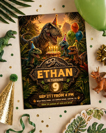 Dinosaur Birthday Invitation: T-Rex Jungle Party — invitation you personalize in Canva