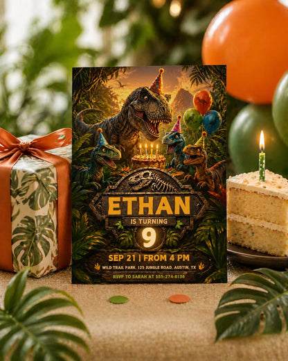 Dinosaur Birthday Invitation: T-Rex Jungle Party — print-ready birthday party design from VoltBy