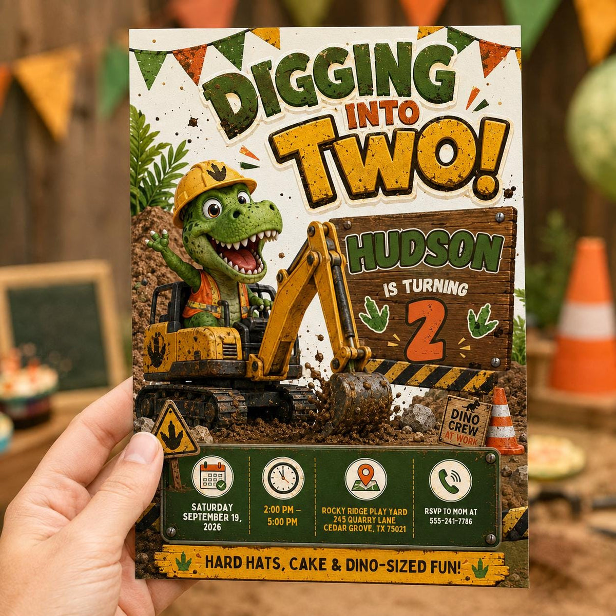 Dinosaur Digging Into Two Birthday Invitation — invitation you personalize in Canva