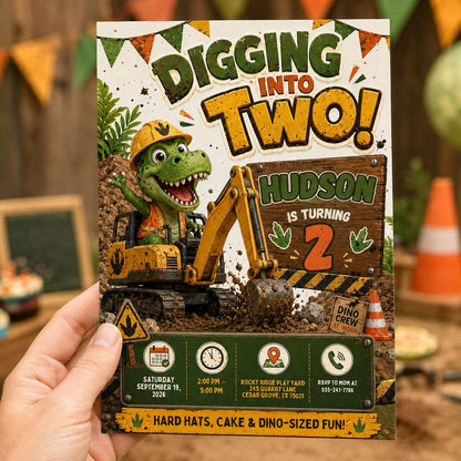 Dinosaur Digging Into Two Birthday Invitation — invitation you personalize in Canva