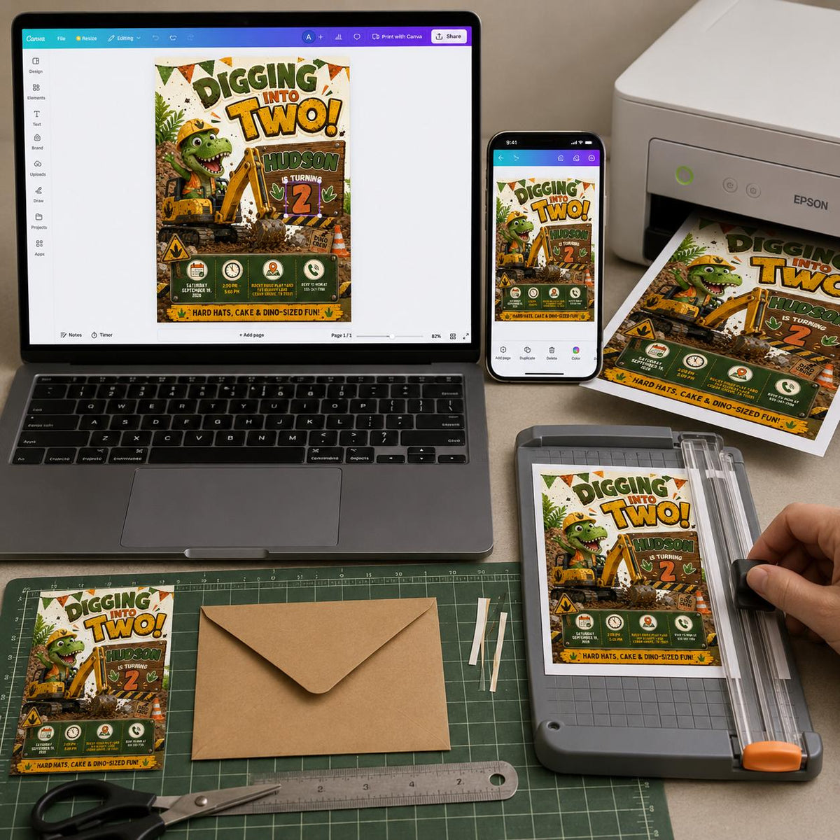 Dinosaur Digging Into Two Birthday Invitation — print-ready 2nd birthday party design from VoltBy