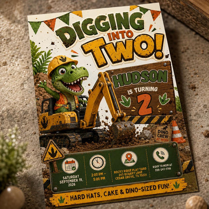 Dinosaur Digging Into Two Birthday Invitation — digital invitation, instant download