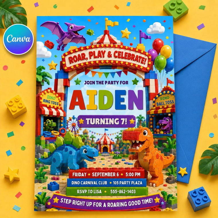 Dinosaur Dino Carnival 3rd Birthday Invitation for Boys