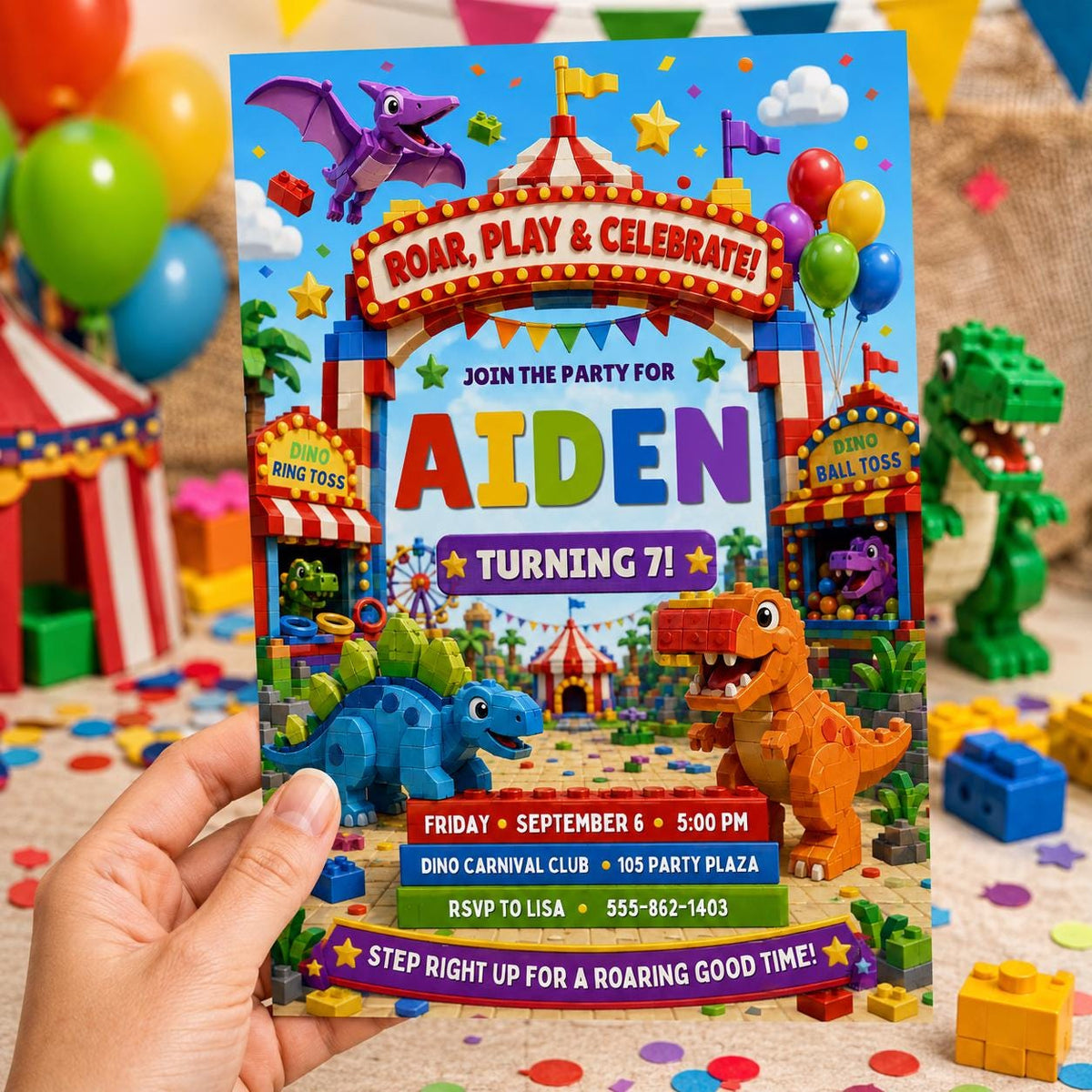 Dinosaur Dino Carnival 3rd Birthday Invitation for Boys — invitation you personalize in Canva