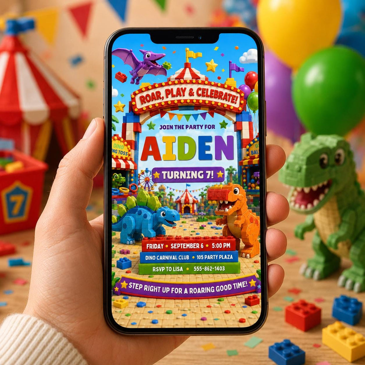 Dinosaur Dino Carnival 3rd Birthday Invitation for Boys — print-ready 3rd birthday party design from VoltBy