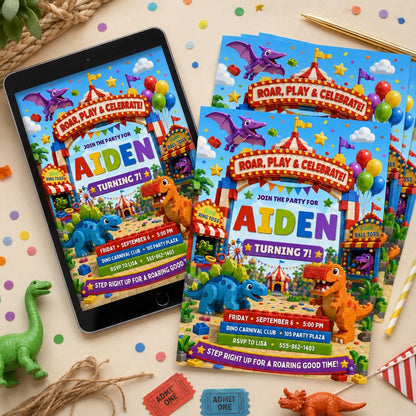Dinosaur Dino Carnival 3rd Birthday Invitation for Boys — digital invitation, instant download
