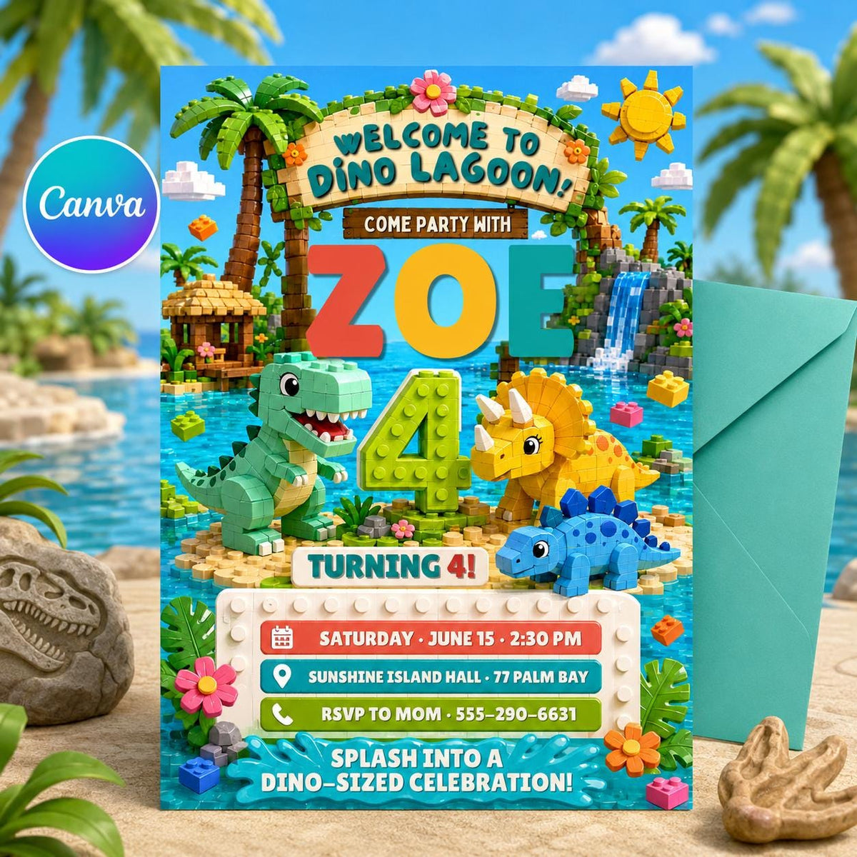 Dinosaur Dino Lagoon Birthday Invitation — editable Canva template