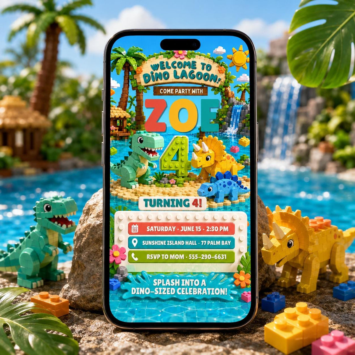 Dinosaur Dino Lagoon Birthday Invitation — pool design