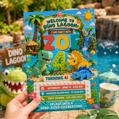 Dinosaur Dino Lagoon Birthday Invitation — invitation you personalize in Canva