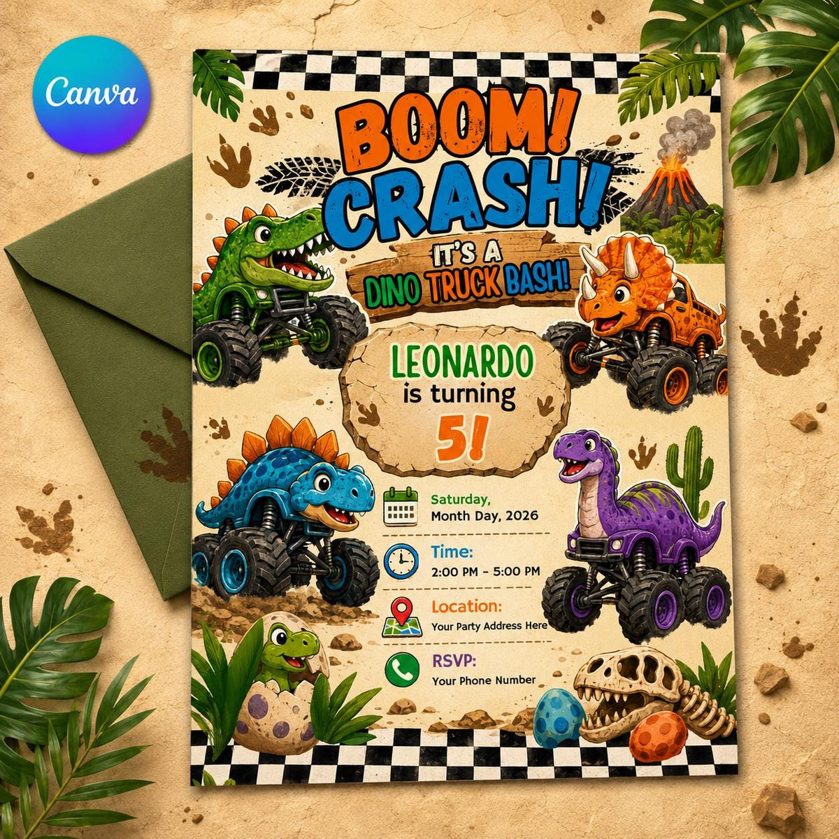 Dinosaur Dino Truck Bday Invitation — editable Canva template