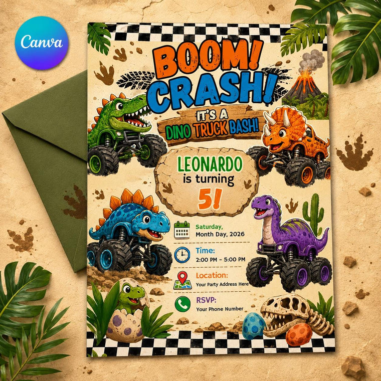 Dinosaur Dino Truck Bday Invitation