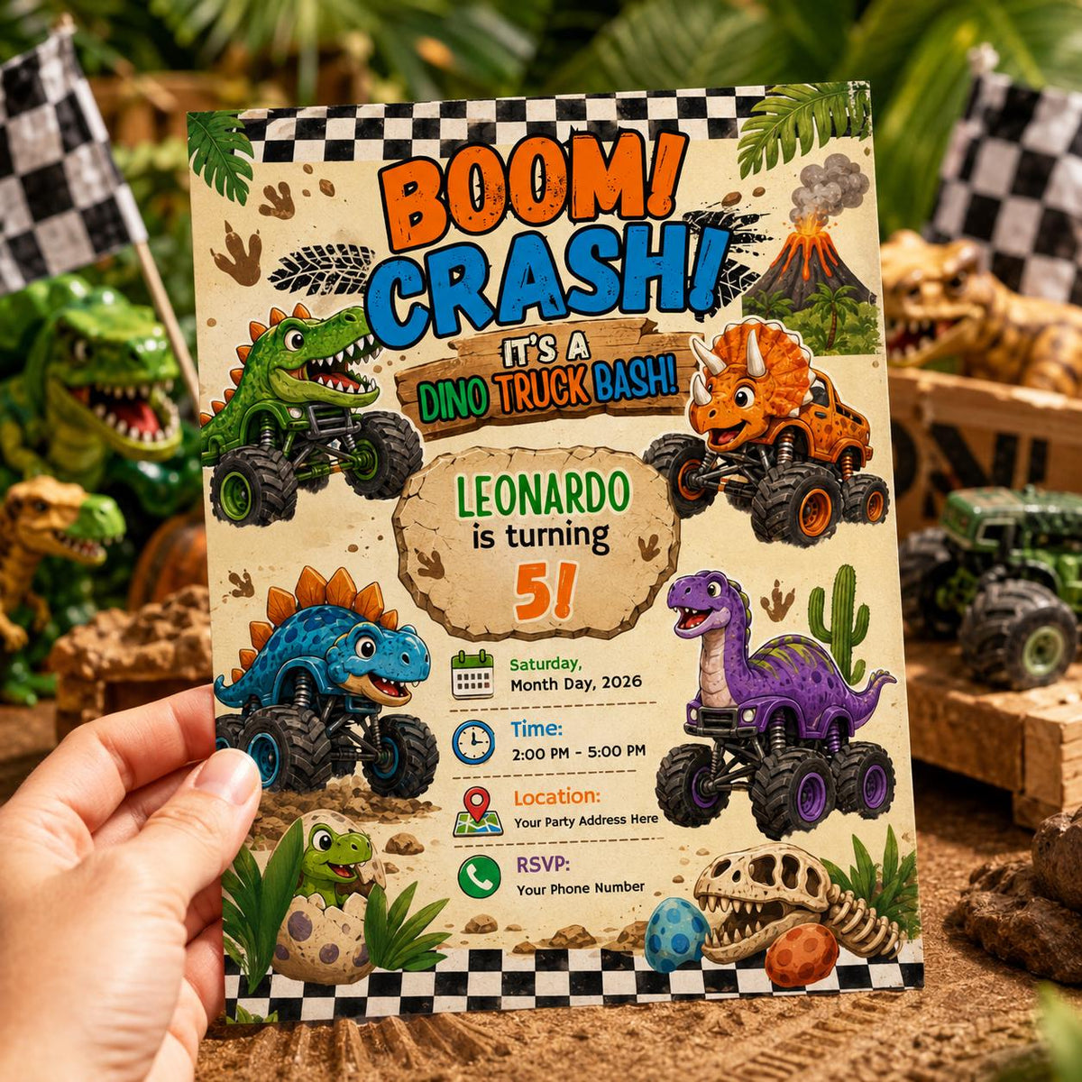 Dinosaur Dino Truck Bday Invitation — monster design