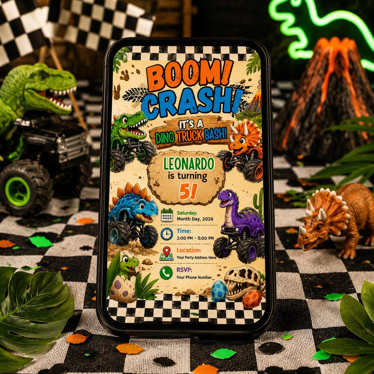 Dinosaur Dino Truck Bday Invitation — invitation you personalize in Canva