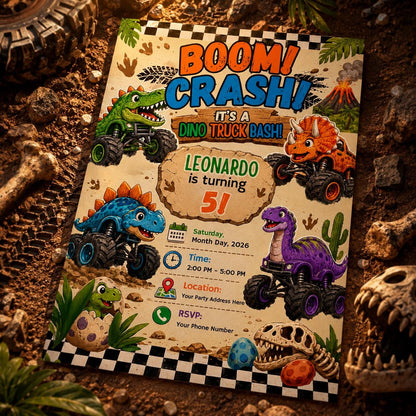 Dinosaur Dino Truck Bday Invitation — print-ready 5th birthday party design from VoltBy