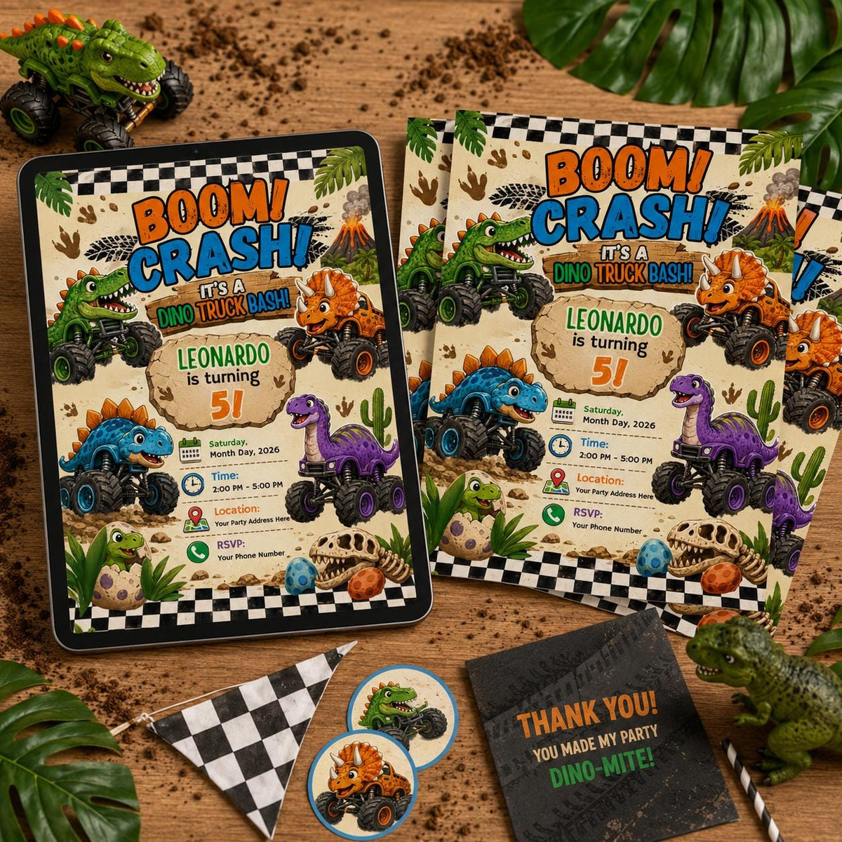 Dinosaur Dino Truck Bday Invitation — digital invitation, instant download