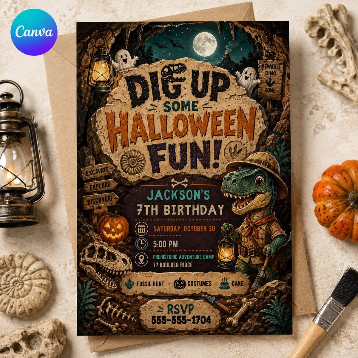 Dinosaur Halloween 7th Birthday Invitation — editable Canva template