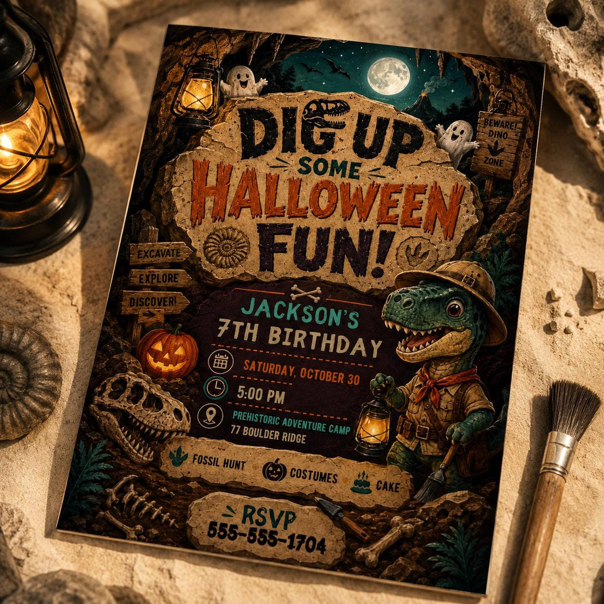 Dinosaur Halloween 7th Birthday Invitation — invitation you personalize in Canva