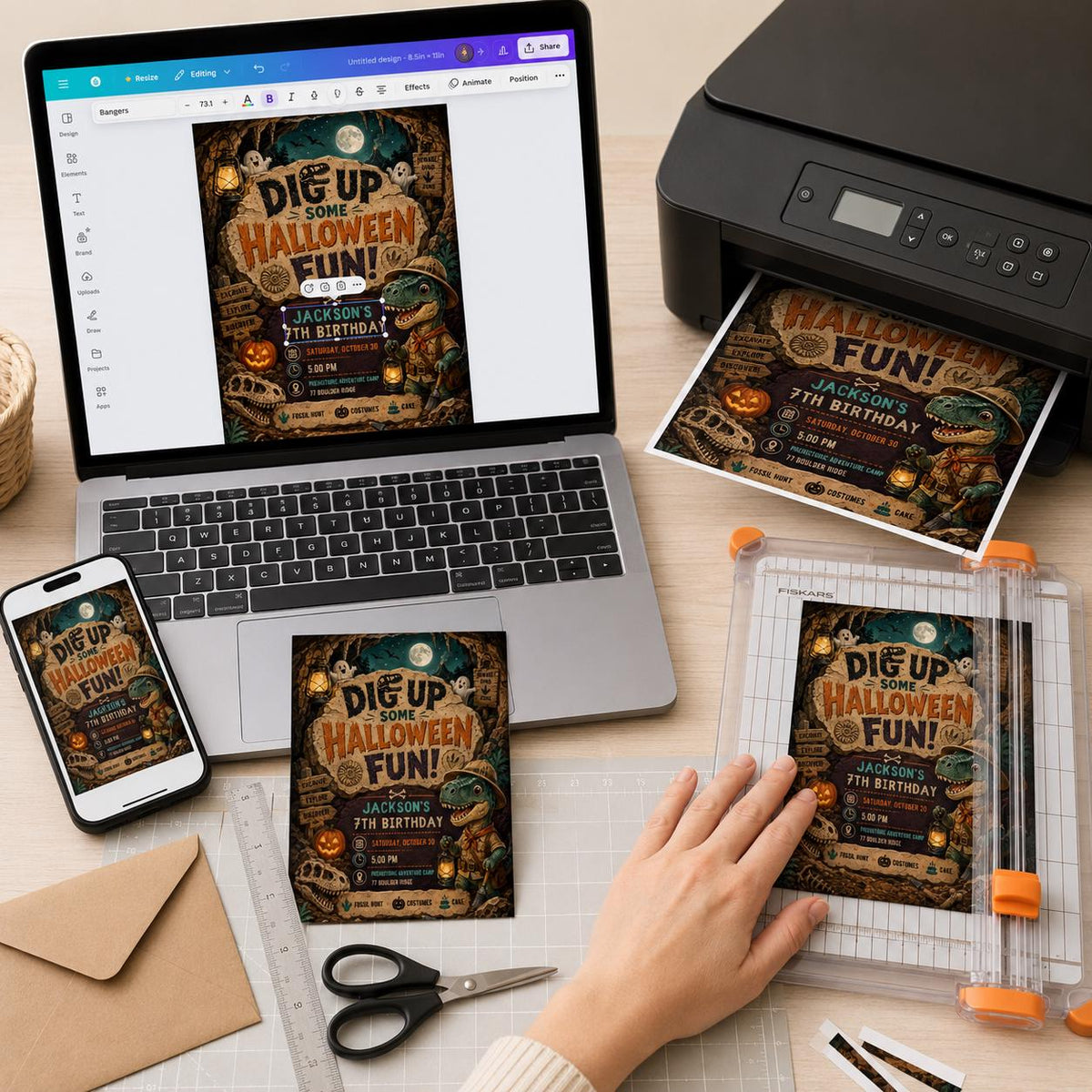 Dinosaur Halloween 7th Birthday Invitation — print-ready 7th birthday party design from VoltBy