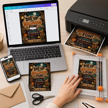Dinosaur Halloween 7th Birthday Invitation — print-ready 7th birthday party design from VoltBy