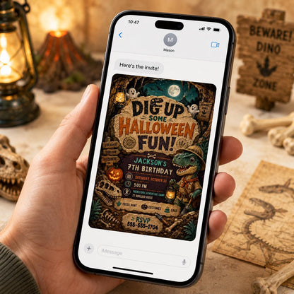 Dinosaur Halloween 7th Birthday Invitation — digital invitation, instant download