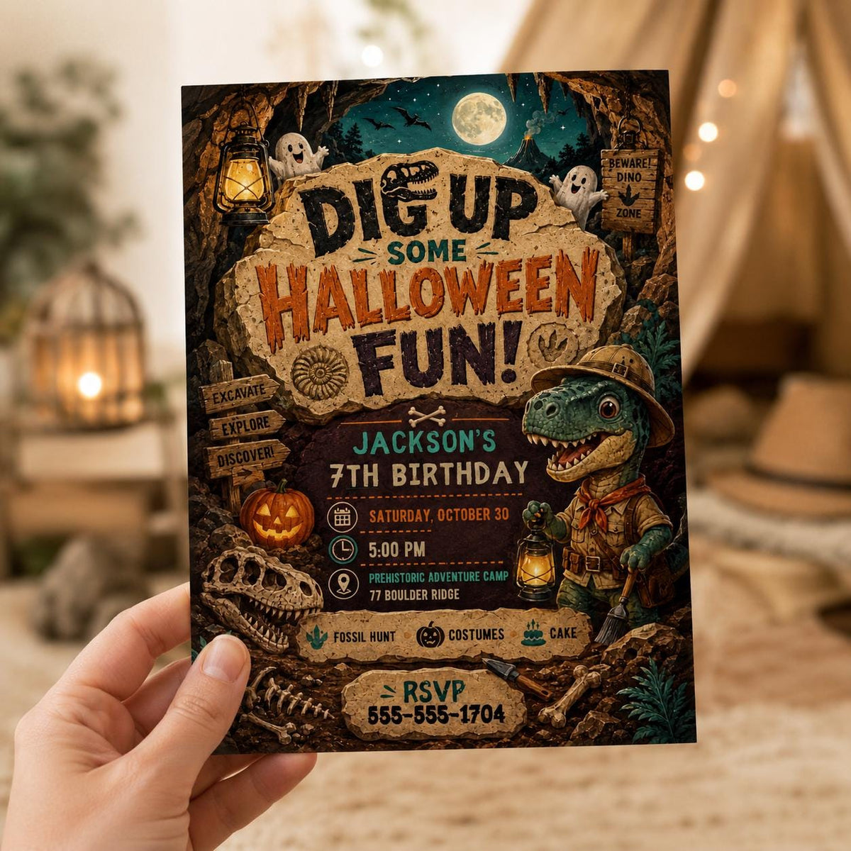 Dinosaur Halloween 7th Birthday Invitation — 7th birthday party stationery by VoltBy