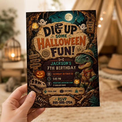 Dinosaur Halloween 7th Birthday Invitation — 7th birthday party stationery by VoltBy