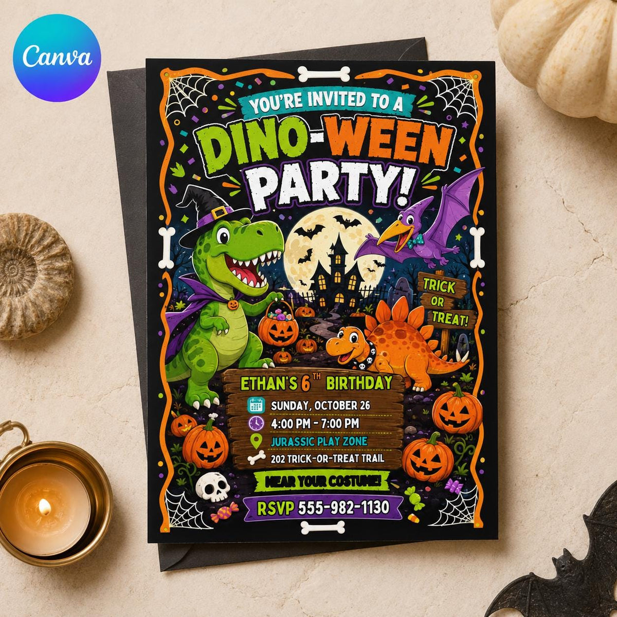 Dinosaur Halloween Birthday Invitation — editable Canva template