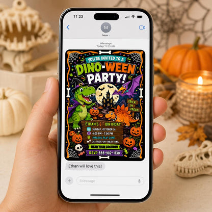 Dinosaur Halloween Birthday Invitation — invitation you personalize in Canva
