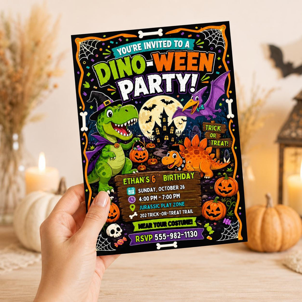 Dinosaur Halloween Birthday Invitation — print-ready birthday party design from VoltBy