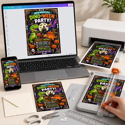 Dinosaur Halloween Birthday Invitation — digital invitation, instant download