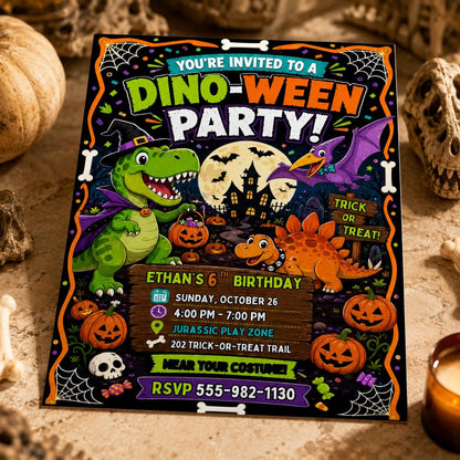 Dinosaur Halloween Birthday Invitation — birthday party stationery by VoltBy